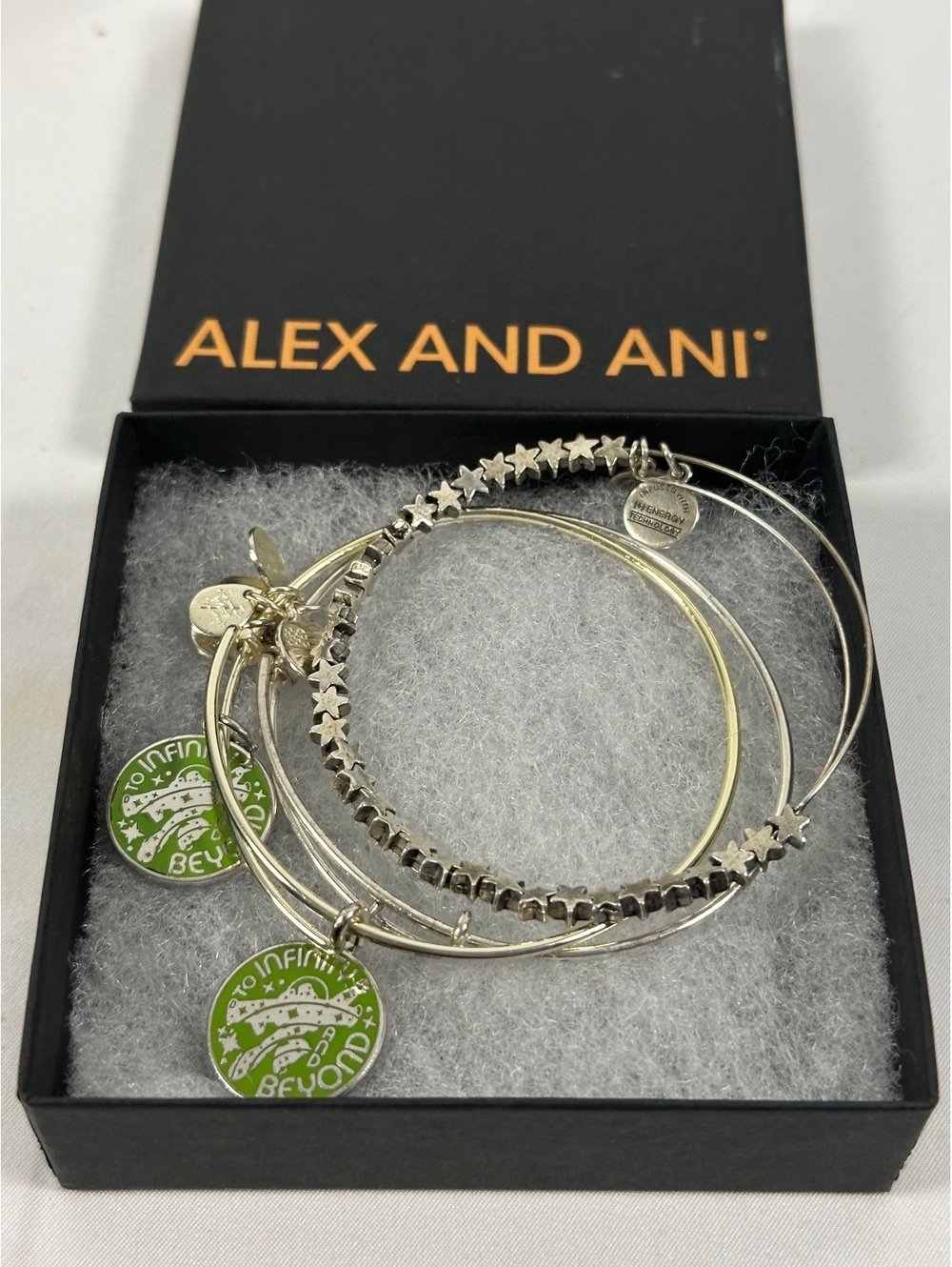 Alex and Ani Silver Tone Star Accent Bangle Bracelet Set 'To Infinity' Toy Story